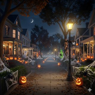a street decorated for halloween with lots of pumpkins on the ground and lights in the trees Halloween Town Background Halloween Street Background, Halloween Street Background For Photoshop, Halloween Neighborhood Background, dark slate gray