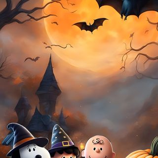 peanuts and their friends in front of a pumpkin - filled field with bats, jack o lantern Happy Halloween Snoopy Halloween Happy Halloween Pictures, Halloween Eve, Peanuts Halloween, sienna
