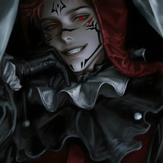 a creepy clown with red eyes hiding behind a curtain and playing cards in his hand Sukuna Halloween You Dont Want Me, Jujutsu, Fan Art, black