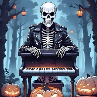 a skeleton sitting at a piano with pumpkins Cute Halloween Skeleton dark slate gray