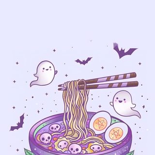 a bowl filled with noodles and chopsticks on top of a purple tablecloth Halloween Pastel Scary Pastel Goth Widgets, Spooky Cute, Goth Kawaii Art, Halloween Cute, lavender