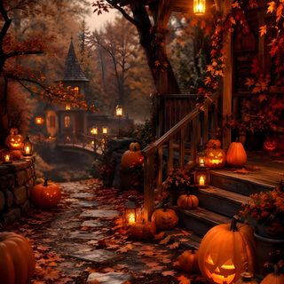 pumpkins are lit on the steps in front of a house Halloween Nature maroon