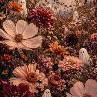 a field full of flowers with two ghost in the background Aesthetic Halloween Flower saddle brown