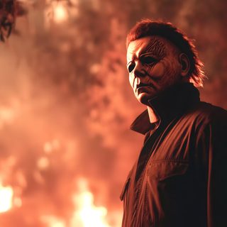 a man standing in front of a forest filled with burning trees and bushes while wearing a creepy mask Michael Myers Halloween Michael Myers Ipad, Michael Myers 4k Pc, Michael Myers Background 4k, sienna