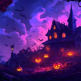 a creepy house with pumpkins in the yard Halloween Colors Halloween Decoration Ideas, Halloween Haunted House At Night, Purple And Pink Halloween Theme, midnight blue