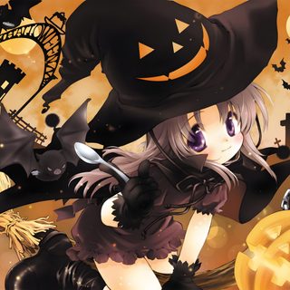 a girl dressed as a witch in front of pumpkins and witches flying around her Anime Halloween Desktop Halloween Profile Pics, Anime Halloween Pc, Anime Witch Halloween, dark olive green