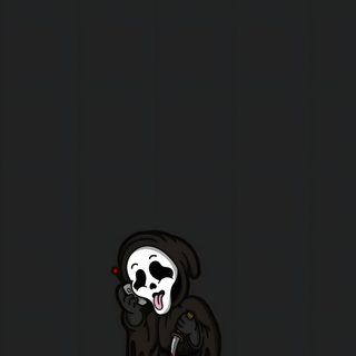 a skeleton with a knife in his hand and a skull on the other side of it Cute Scream Halloween Horror Films, Scream, Cute Horror Movie, Scream Cartoon, Scary Cute, Movie, black