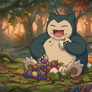 a cartoon cat sitting in the middle of a forest with lots of fruits and vegetables Halloween Snorlax Anime, Pokemon Horizontal, Pokemon Binder, Computer, Laptop, dark olive green