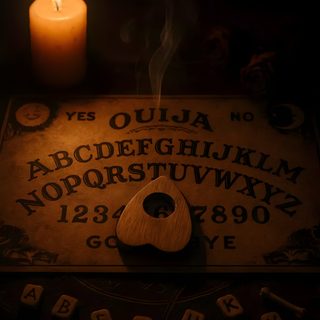 a lit candle sitting on top of an old typewriter next to a wooden key Halloween Ouija Paranormal Ouija Board, Ouija Board Scary, Ouija Board Close-up, Hidden Pictures, black