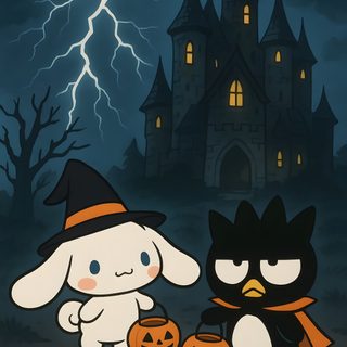 two cartoon animals dressed up as witches and bats in front of a castle at night Sanrio Halloween Pictures Cinnamoroll Halloween Hello Kitty Rooms, Hello Kitty Items, Hello Kitty, dark slate gray