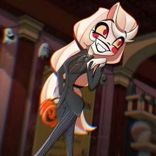 the animated character is dressed in black and white, holding a jack - o'- lantern Happy Halloween Charlie Charlie Morningstar And Vaggie Fanart, Happy Halloween Charlie, Hazbin Charlie, dark slate gray