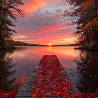 a dock with leaves on it and the sun setting in the distance over water behind it Halloween Sunrise Sunset Fall, Fall Sunrise Photography, Fall Sunset Background, saddle brown