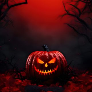a scary pumpkin sitting in the middle of a forest Red Halloween Scary Halloween Background Images, Halloween Background For Flyer, Red And Black Halloween Background,