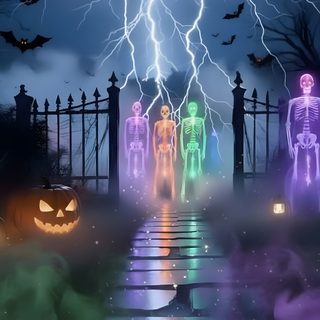 a halloween scene with pumpkins, ghost and lightning Aesthetic Spooky Neon Halloween dark slate gray