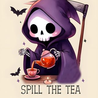 a skeleton in a purple robe holding a tea cup with a scully on it Dnd Halloween Cute Scary, Cute Spooky Phone, Scary Cute, Creepy Cute Halloween, antique white