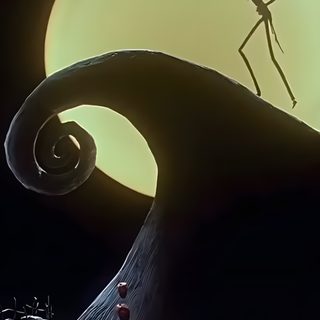 the animated character is standing on top of a hill in front of a full moon Halloween Town Nightmare Before Christmas black
