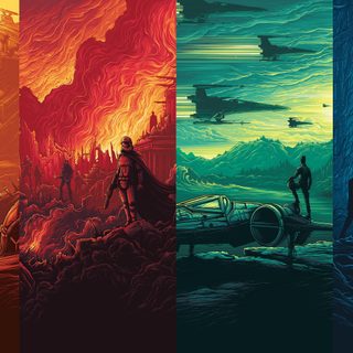three different color variations of the star wars movie poster, each with an image of various characters Star Wars Halloween Star Wars Art Landscape, Epic Star Wars Posters, Star Wars Poster Set Ideas, dark slate gray