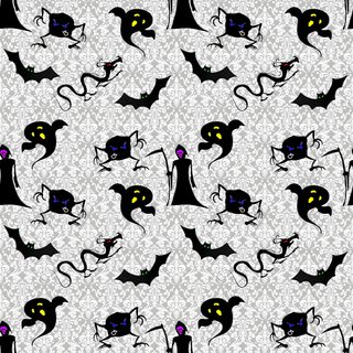 black cats and bats on a white wallpaper background with purple eyes, ears, and tails Halloween Dollhouse Haunted Dollhouse Pattern, Gacha Life Spooky House Pattern, Collectible Dolls, silver