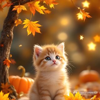 a kitten sitting under a tree surrounded by leaves Halloween Kitten Hd Animal Antics, Autumn Animals, Animals Friendship, Fall Kitties, Fall Pictures, sienna