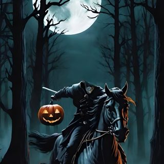 a man riding on the back of a horse in front of a full moon Halloween Headless Horseman Sleepy Hollow Halloween, Sleepy Hollow Headless Horseman Art, Sleepy Hollow Headless Horseman, black