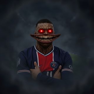 a creepy looking man with red eyes and an evil look on his face Football Halloween Psg Mbappe Scary, Neymar Horror Pic, Ronaldo Zombie, Demon Messi, black