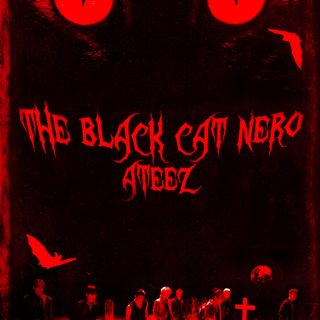 the black cat hero movie poster with red eyes and people walking in front of it Ateez Halloween Ateez Hala Hala, Ateez Black Cat Nero, Halateez, Ateez Halloween, Black Cat Ateez,