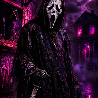 a man in a scary mask holding a knife and wearing a black robe with purple lights behind him Halloween Scary Scream black