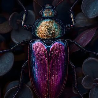 a colorful beetle sitting on top of purple leaves Halloween Insects Iridescent Bugs, Shiny Beetles, Bug Art Aesthetic, Exotic Beetle Background, black