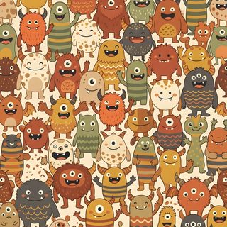 a large group of cartoon monsters with different colors and sizes, all standing in the same pattern Halloween Monster Pattern Monster Characters, Cartoon Monsters, Cute Monsters, Background Patterns, peru