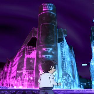 a person standing in the middle of a city with neon lights and buildings behind them Detective Conan Halloween dark slate blue
