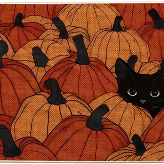 a black cat peeking out from between the rows of pumpkins on a door mat Generic Halloween Cat Desktop Cute Fall Landscape, Laptop Halloween, Fall Halloween Laptop, brown