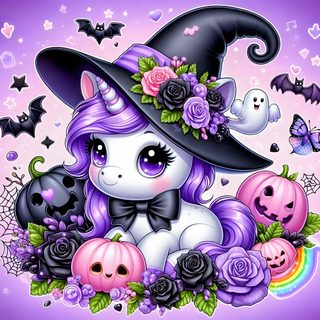 a unicorn with purple hair wearing a witches hat and surrounded by pumpkins, roses, and bats Halloween Unicorn Whimsical Halloween, Halloween Illustration, Unicorns Clipart, medium purple