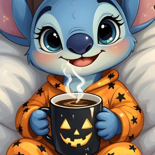a cartoon character sitting in bed with a cup of coffee and smiling at the camera Kawaii Kawaii Cute Stitch Halloween Lilo And Stitch 2002, Lilo And Stitch Characters, Stitch Quote, gray