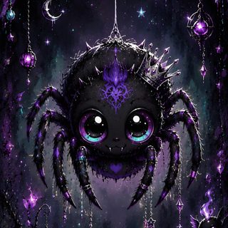 a purple spider with blue eyes and stars hanging from it's head Cute Halloween Spider black