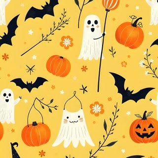 halloween seamless pattern with ghost, pumpkins and bats on yellow background for wallpaper Cute Yellow Halloween Cute Halloween, Halloween Kids, Background Cute Halloween, Halloween Cute, sandy brown