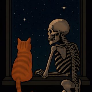 a skeleton sitting on a window sill with a cat looking at it in the dark Halloween Skeleton Cat Graphic Tshirt Design, Cat Skull, Skeleton Holding Cat, Cat On Skeleton Lap, black