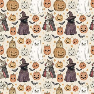 a halloween pattern with pumpkins, ghost and cats on it's back ground Halloween Cats Bats Owls Spiders Sm Halloween Wedding, Cat Illustration, Halloween Art, antique white