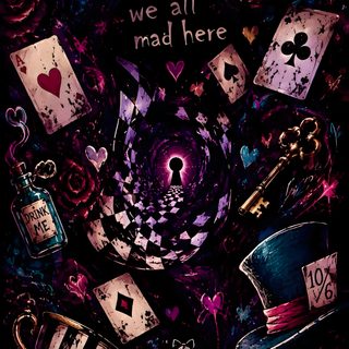 an image of a poster that says we all mad here Halloween Alice Custom Alicia Core Aesthetic, Alice In Wonderland Inspired, Tim Burton Iphone, black