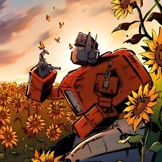an orange and black robot standing on top of a field of sunflowers Transformers Halloween sienna