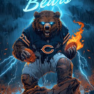 the chicago bears mascot sitting on top of a rock with lightning in the sky behind him Chicago Bears Halloween Chicago Bears Background, Chicago Bears Mascot Art, Chicago Bears Bear, dark slate gray