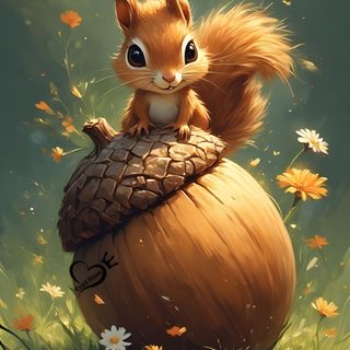 a painting of a squirrel sitting on top of a pine cone Squirrel Halloween Autumn Forest Scene, Cute Squirrel Illustration, Fall Greeting Card Inspiration, dark olive green