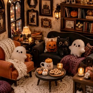 a living room decorated for halloween with pumpkins and other decorations on the walls, couches and tables Halloween Dollhouse Doll House Halloween, Halloween Cozy Aesthetic, Cozy Halloween, saddle brown