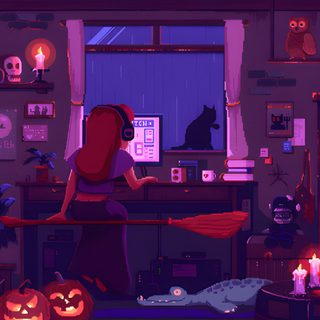 a woman in a room decorated for halloween Halloween Gift Halloween-themed Pixel Art Room, Halloween Laptop Gif, Halloween Live Pc, midnight blue