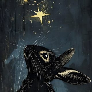 a painting of a black rabbit with stars on it's head in the night sky Halloween Rabbit Rabbit Art, Black Rabbit, Black Rabbit Art, Star Rabbits, dark slate gray