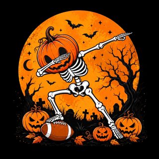a skeleton is playing football in front of a full moon with bats and pumpkins Cool Halloween Football Skeleton Pumpkin, Fall Games, Fright Night, Pumpkin Witch, black