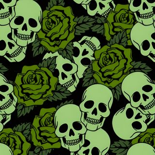 green and black skulls with roses on the side seamless background stock photo - 1387982 Green Halloween Iphone Green Skull, Green Background Skull Design, Green And Black Skull Pattern,