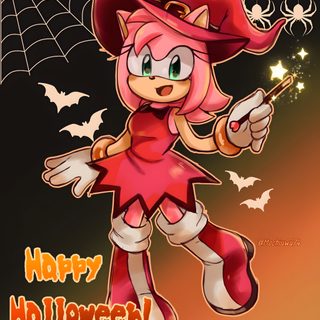 a cartoon character dressed as a witch holding a wand and wearing a red hat with the words happy halloween on it Amy Rose Halloween Amy Rose Halloween Costume, Amy Rose Skeleton, Sonic And Amy Halloween, saddle brown