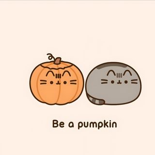 two pumpkins with faces drawn on them and the words be a pumpkin written below Desktop Pusheen Halloween Pumpkin Pusheen, Pusheen Thanksgiving, Orange Pusheen, Fall Pusheen, linen