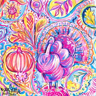 a painting of a colorful turkey surrounded by flowers and leaves Lilly Pulitzer Halloween Lilly Pumpkin, Lilly Pulitzer Halloween, Fall Lilly Pulitzer, light pink