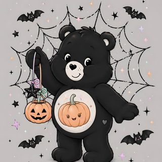 a black teddy bear holding two jack - o'- lantern pumpkins with the words me as a care bear on it Aesthetic Halloween Care Bear Cute Halloween Aesthetic, Halloween Characters, Elvira Movies, silver